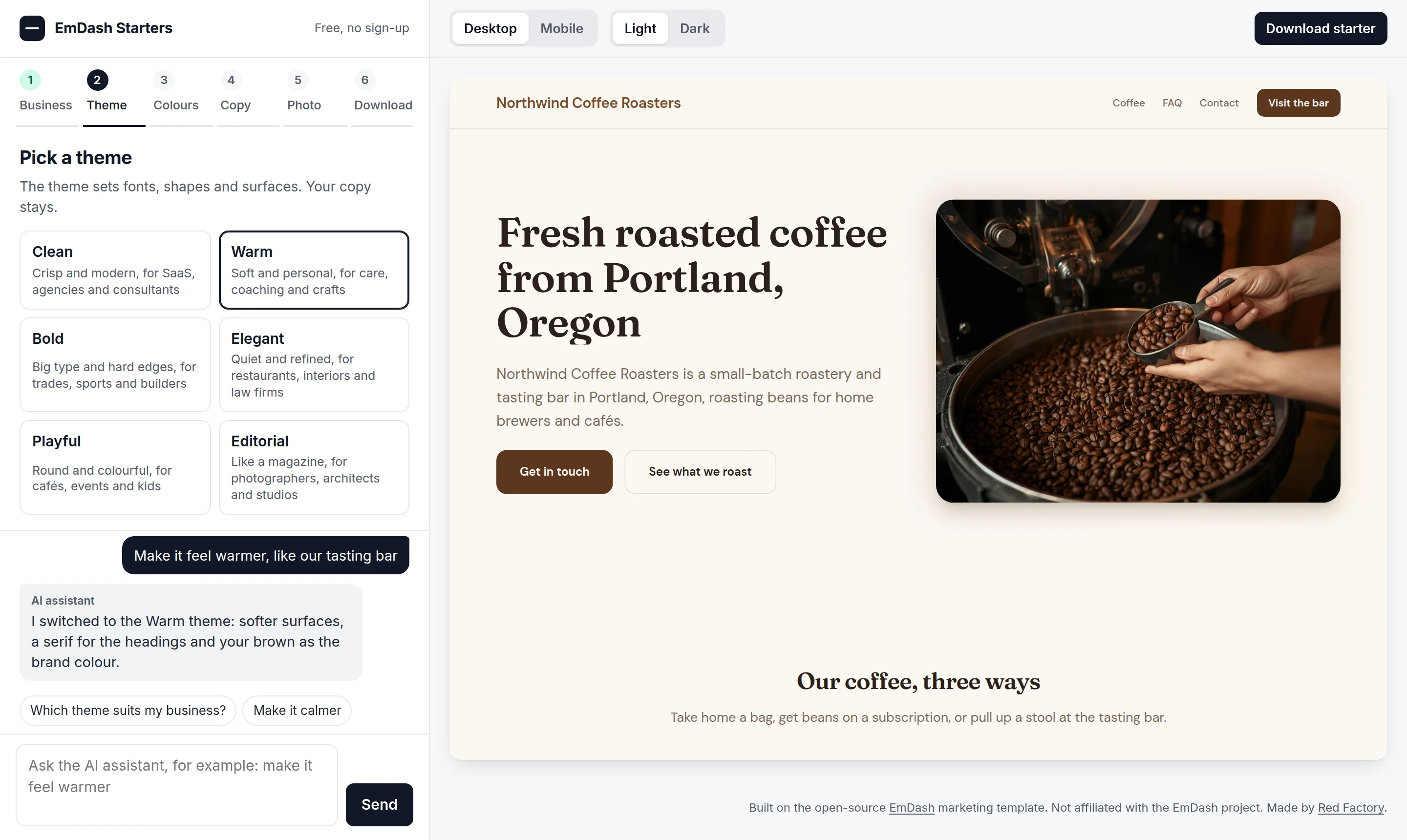 The builder: steps and an AI assistant on the left, a live preview of a coffee roaster's homepage on the right